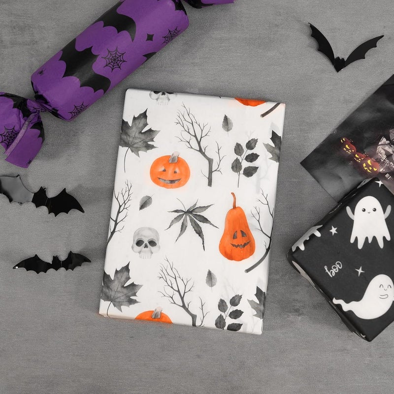 ROSYJUNE 120 Sheets Halloween Tissue Paper for Gift Bags, 20" x 14" Black Orange Purple Wrapping Tissue Paper with Ghost Bat Pumpkin Maple Leaf Pattern for Halloween Decoration - Image 4